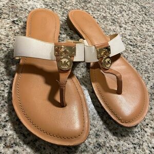 Michael Kors Tan and White Leather T-Strap Sandals with Gold Hardware